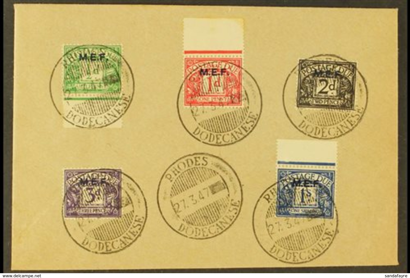 POSTAGE DUES  1942 "M.E.F." Overprints Complete Set (SG D1/5) On Unaddressed Philatelic Cover Tied By Superb "Rhodes / D - Afrique Orientale Italienne