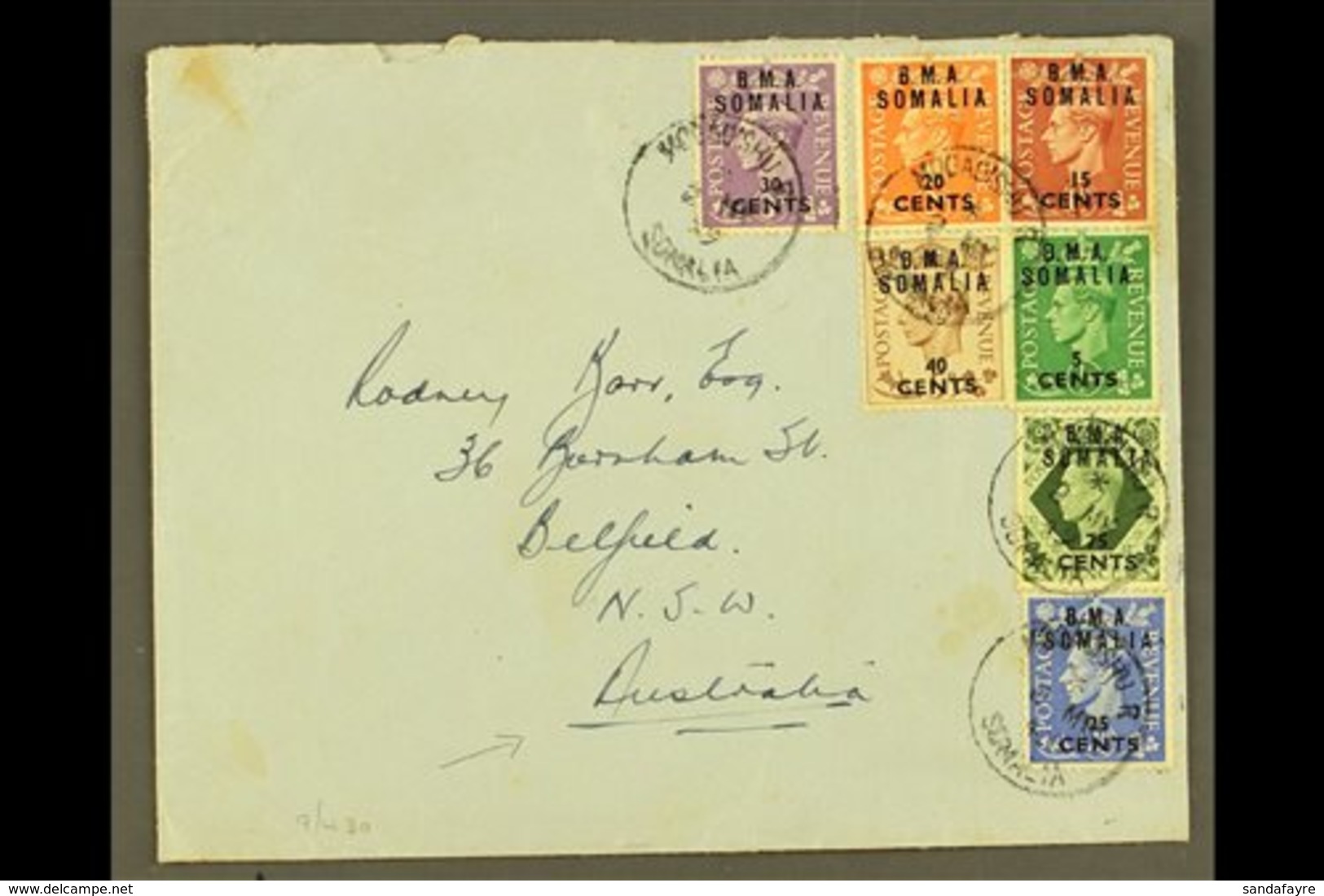 SOMALIA  1949 Plain Envelope To Australia, Franked KGVI 5c On ½d To 40c On 5d & 75c On 9d "B.M.A. SOMALIA" Ovpts, SG S10 - Italiaans Oost-Afrika