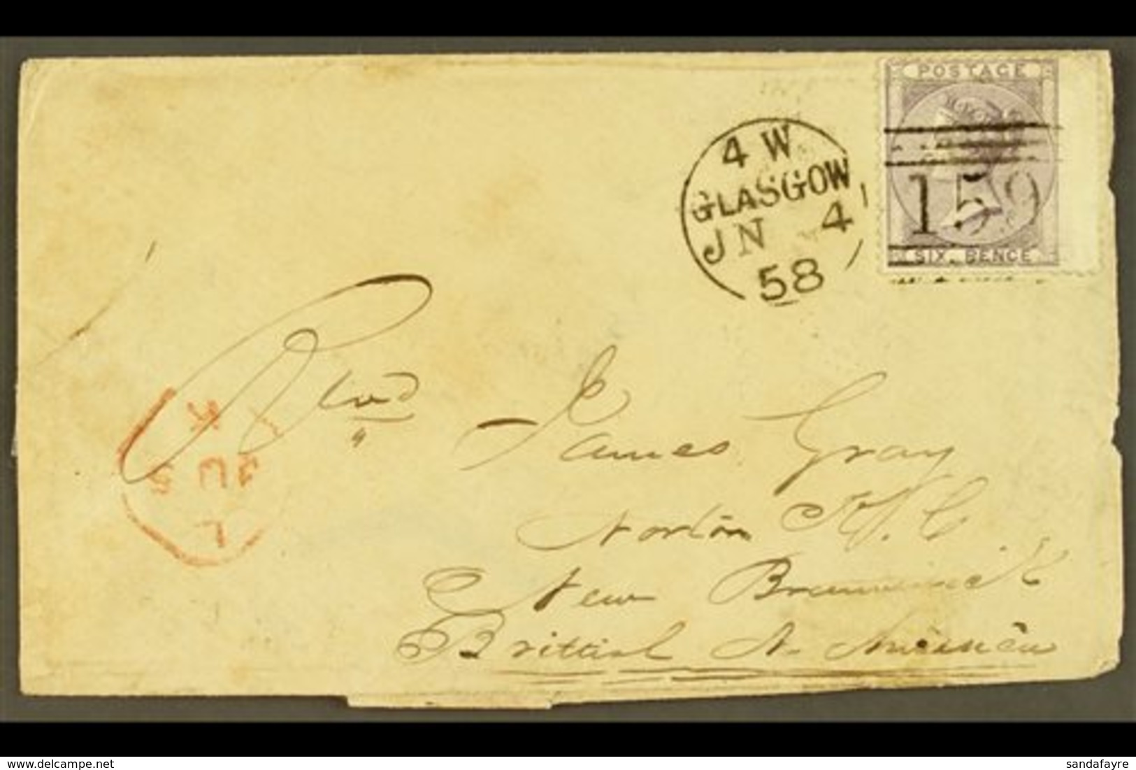 1858  (4 Jun) Env From Scotland To New Brunswick Bearing GB 6d 'no Corner Letters' Stamp Tied Glasgow Pmk & London Trans - Autres & Non Classés