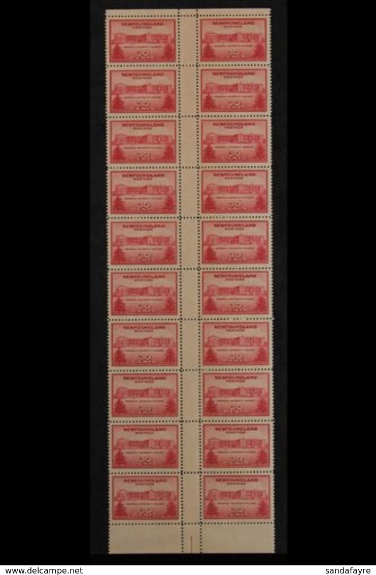 1943  30c Carmine, Memorial University College, Vertical GUTTER BLOCK Of 20 With Margins At Top & Bottom, Unitrade 267i, - Other & Unclassified