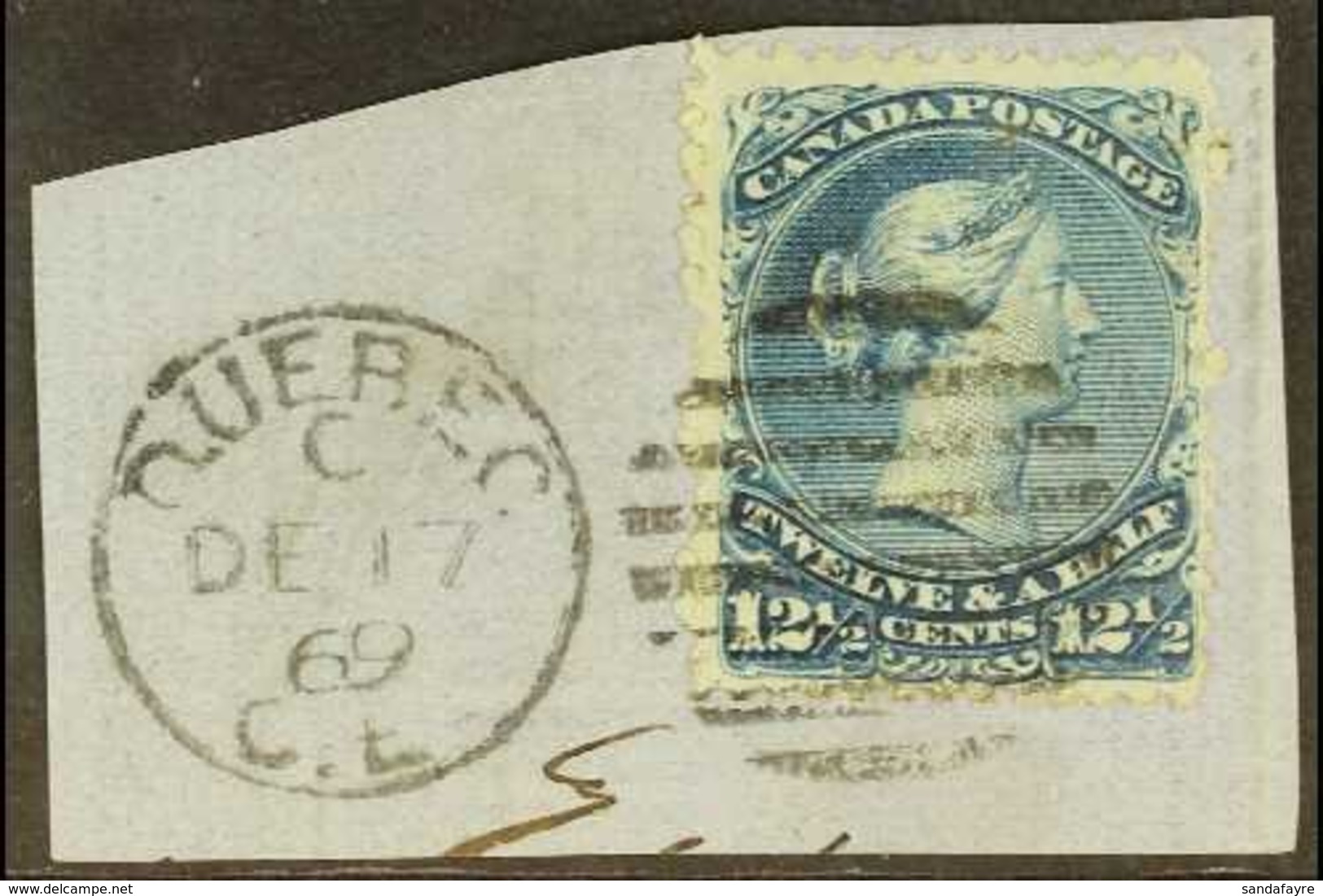 1868  12½c Bright Blue, SG 60, Uni 28, Very Fine Used On Piece Tied By Quebec Duplex Cancel. For More Images, Please Vis - Otros & Sin Clasificación