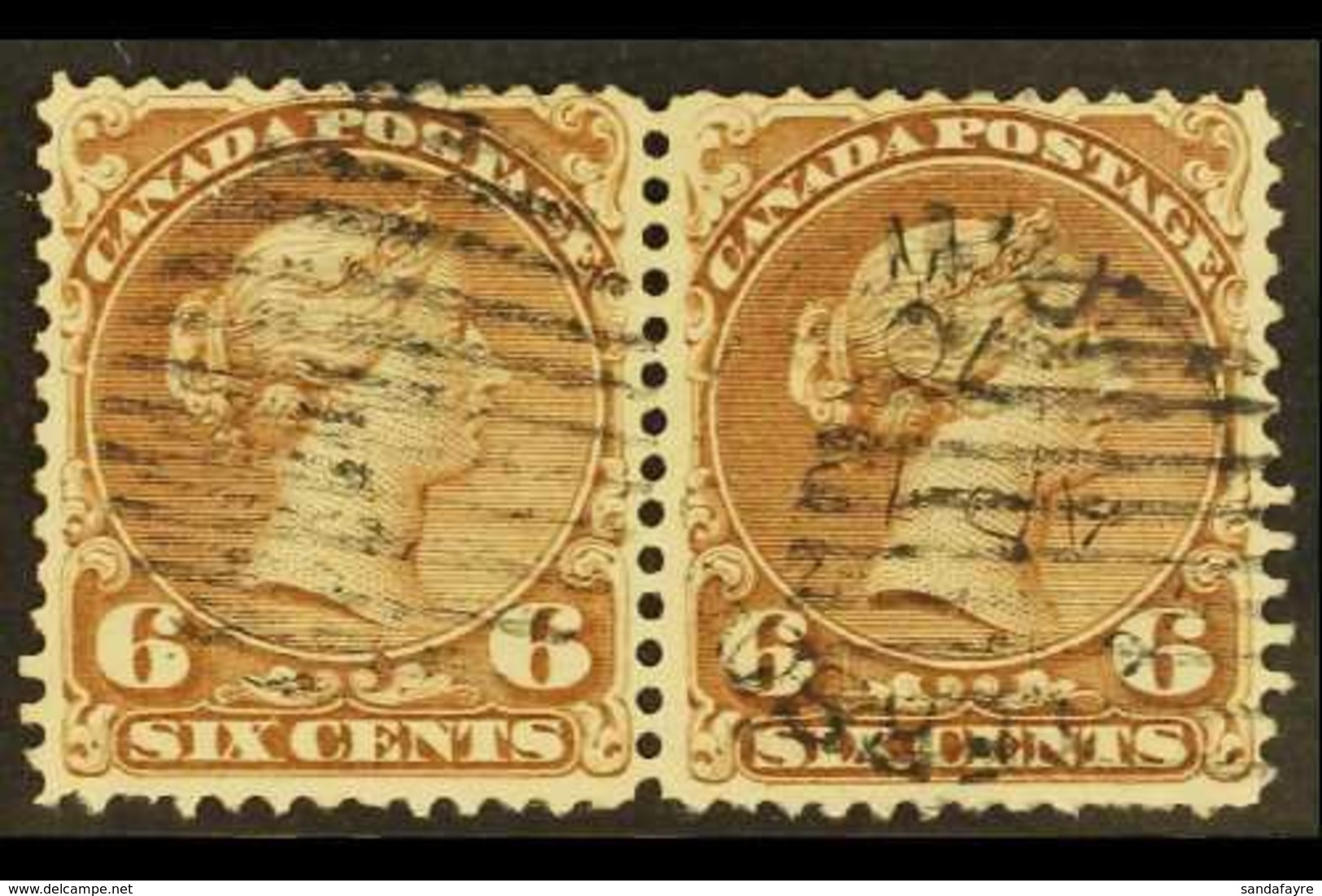 1870  6c Yellow Brown Large Queen, SG 59b, Horizontal Pair With Part 1870 Cds And Barred Cancels. For More Images, Pleas - Altri & Non Classificati