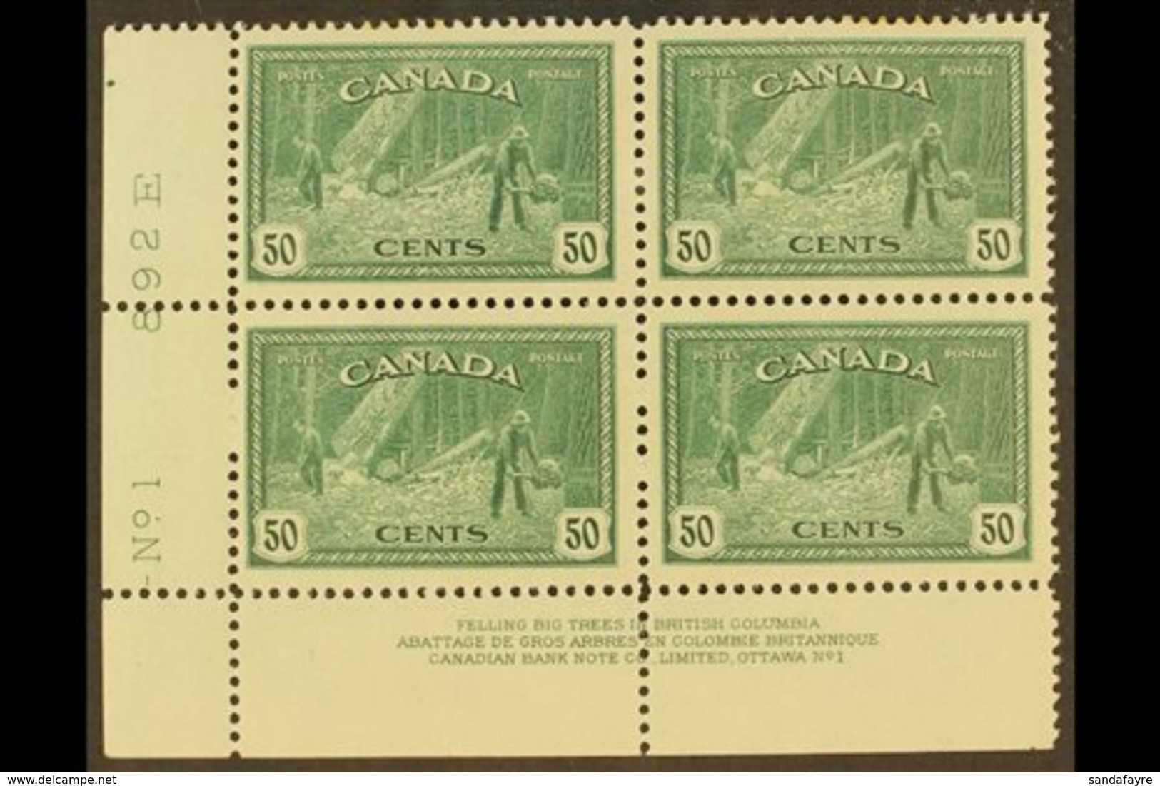 1946  50c Lumbering, SG 405, Uni 272, Very Fine Mint Corner Plate Block (No 1), Top Pair Hinged.  For More Images, Pleas - Autres & Non Classés