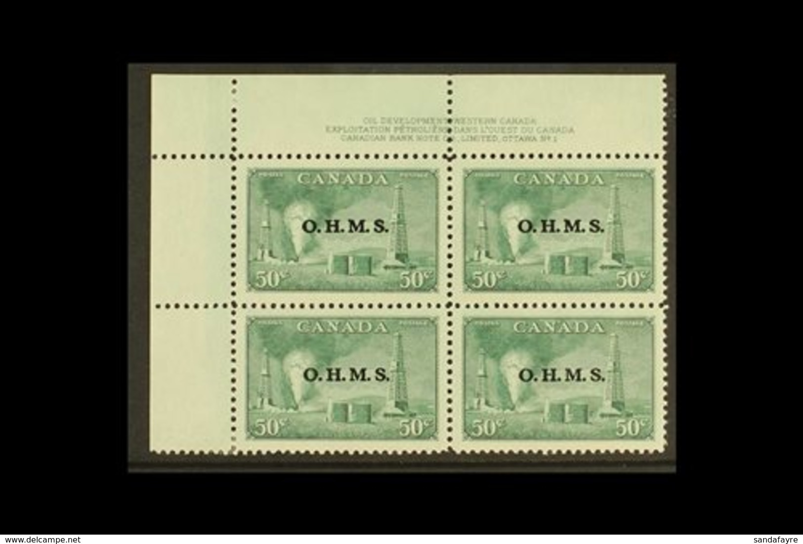 OFFICIAL  1949-50 50c Green Oil Wells With "O.H.M.S." Overprint, SG O177, Top Left Hand Plate Block Of Four With Control - Autres & Non Classés