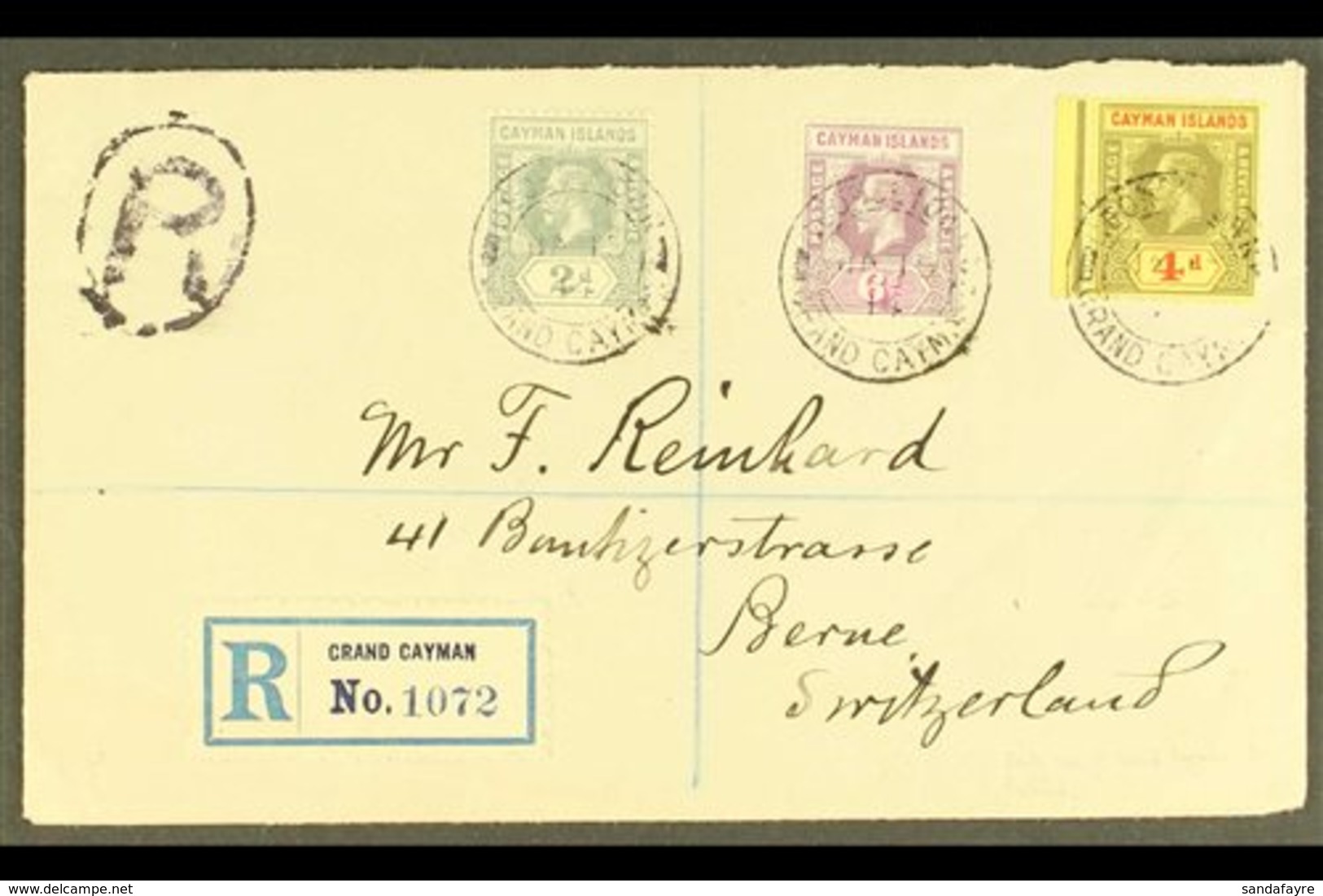 1914  (Jan) Neat Envelope Registered To Switzerland, Bearing 1912-20 2d, 4d And 6d, SG 43, 46/47 Tied Georgetown Cds's,  - Iles Caïmans