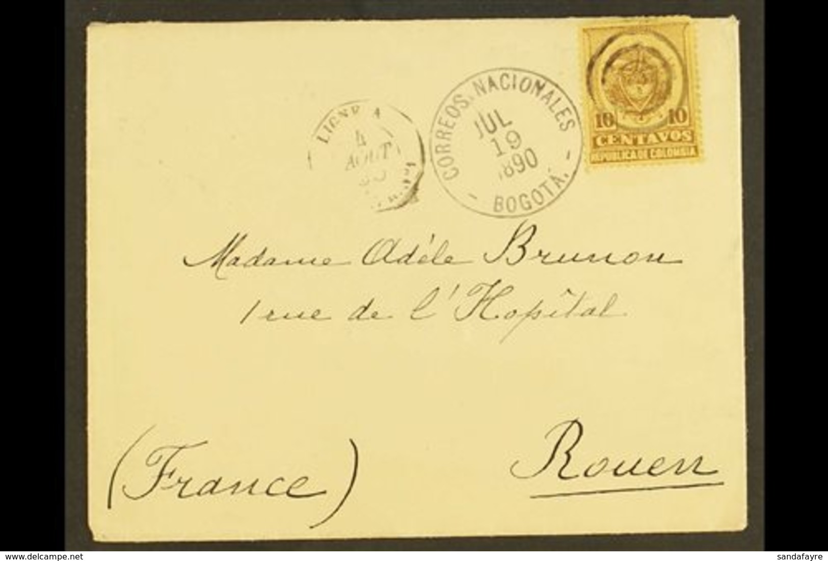 1890 NEAT COVER TO FRANCE  Bearing 1890-91 10c Brown On Yellow Tied By Concentric Rings Cancellation And With Very Fine  - Colombie