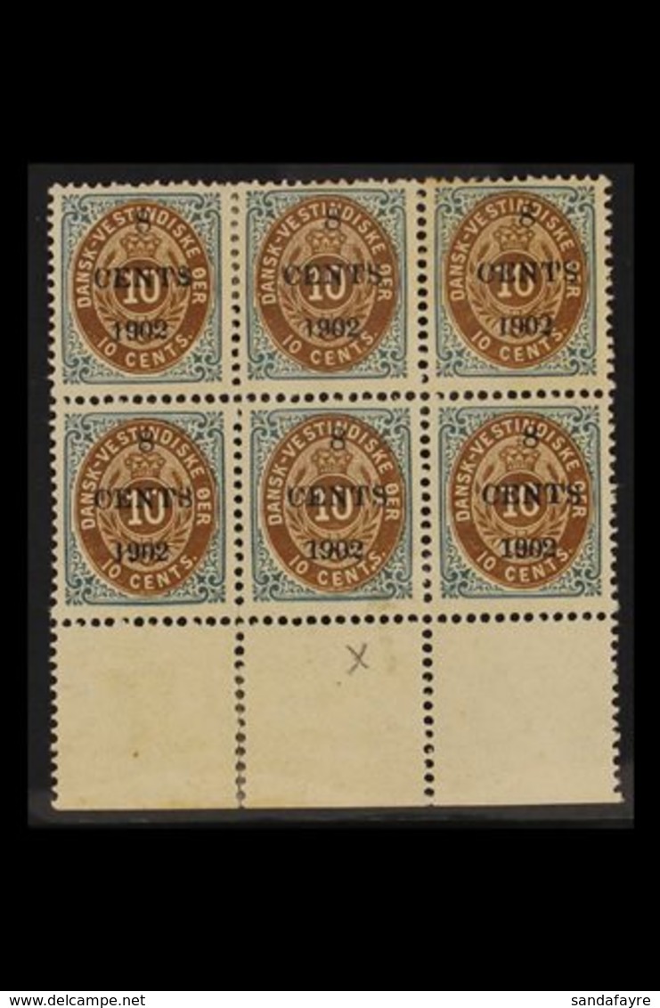 1902  8c On 10c Bistre-brown And Blue, SG 44, Mint Lower Marginal Block Of Six, One Stamp Showing "2" Of "1902" With Str - Deens West-Indië