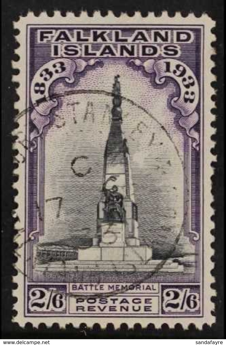 1933  Centenary 2s6d Black And Violet "Battle Memorial", SG 135, One Shortish Perf At Right, Cds Used With Fine Full Por - Falkland