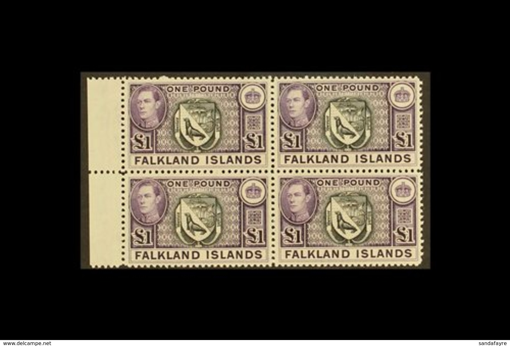 1938  £1 Black And Violet Arms, SG 163, Superb Never Hinged Mint Marginal Block Of Four. For More Images, Please Visit H - Islas Malvinas