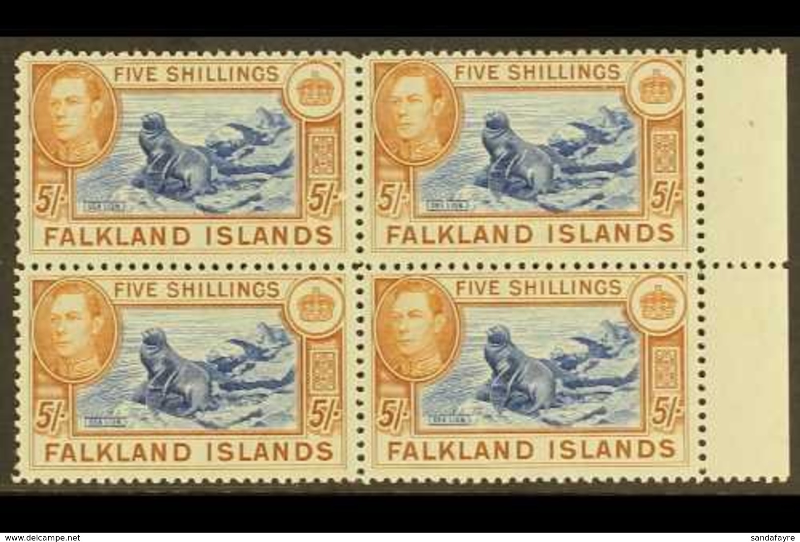 1938-50  5s Dull Blue And Yellow Brown On Greyish Paper, SG 161c, Superb Never Hinged Mint Marginal Block Of Four. For M - Falkland