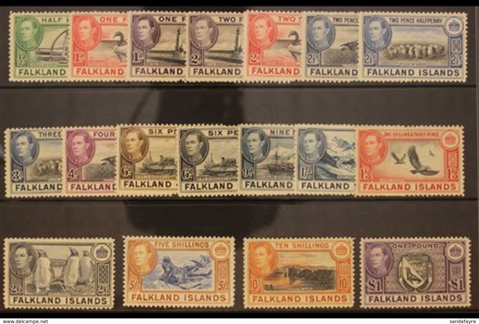 1938-50  KGVI Pictorial Definitive Complete Set, SG 146/163, Very Fine Mint. (18 Stamps) For More Images, Please Visit H - Islas Malvinas