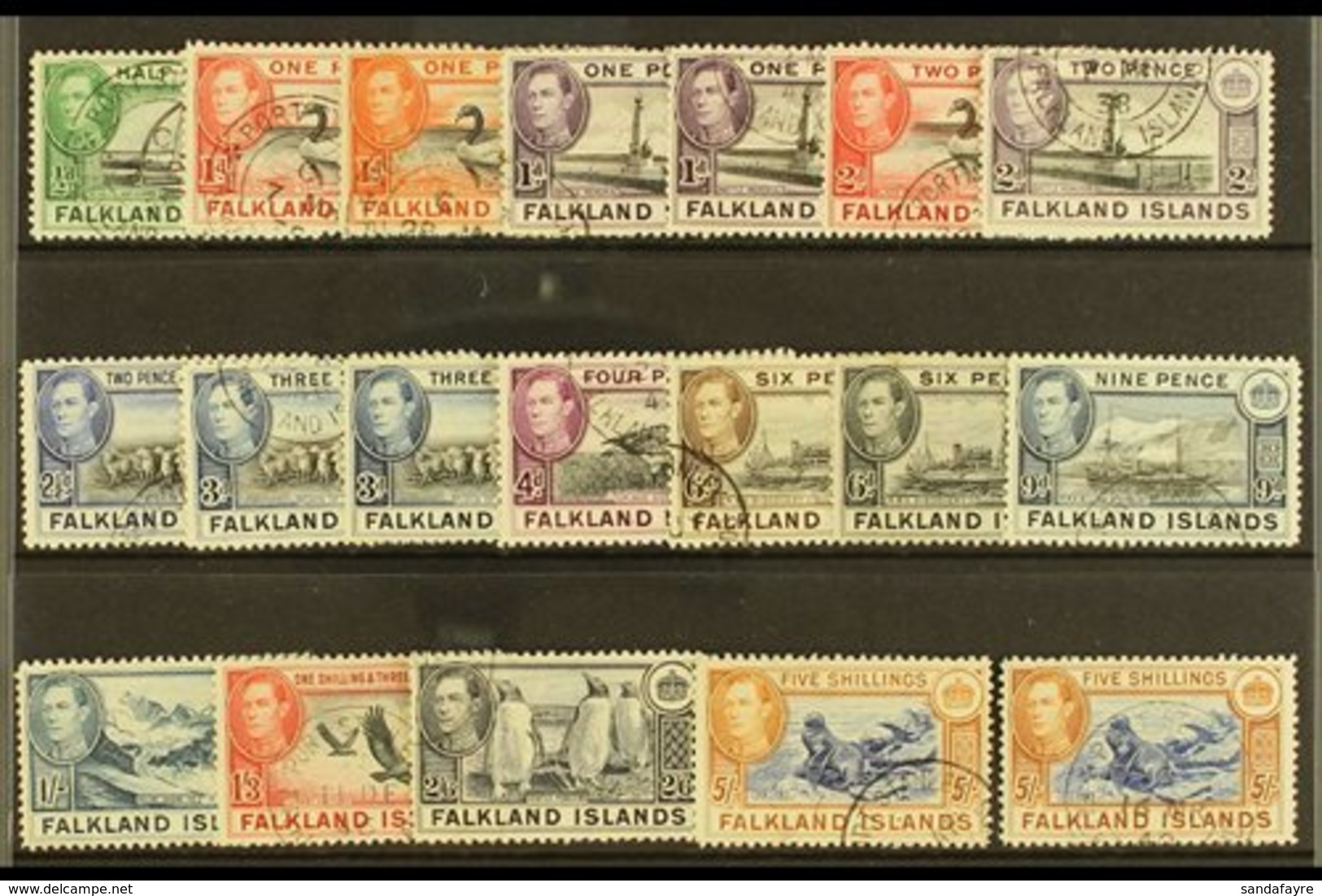 1938-50  USED DEFINITIVE Set To Two Different 5s Shades, SG 146/161b, Fine Used (19 Stamps) For More Images, Please Visi - Falklandeilanden