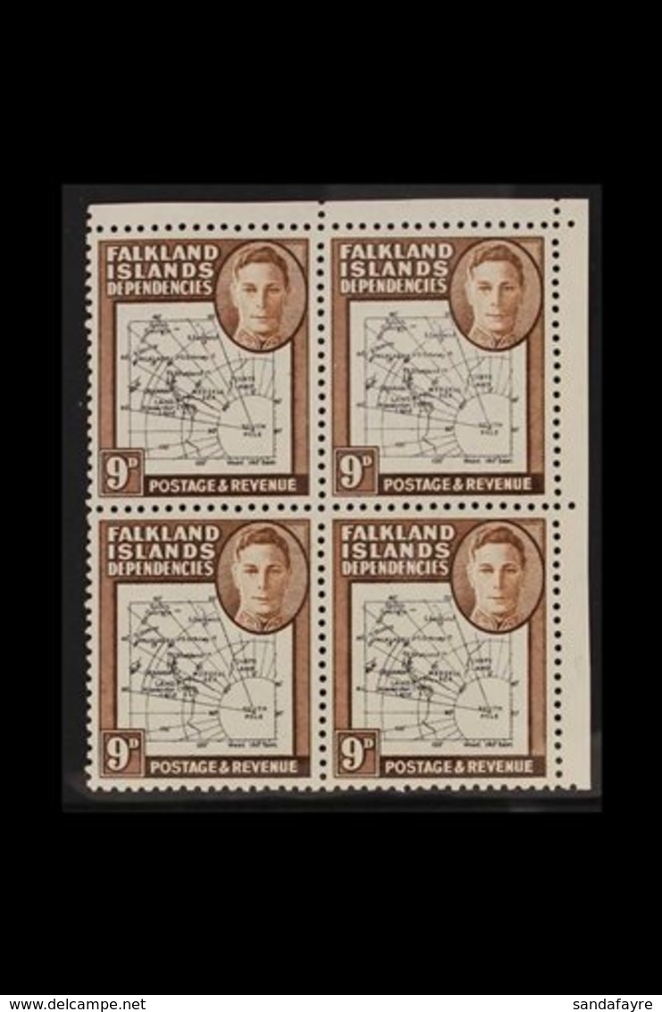 1946-49  9d Black & Brown Thick Map, SG G7, Superb Never Hinged Mint Upper Right Corner BLOCK Of 4 Showing Three Differe - Falkland