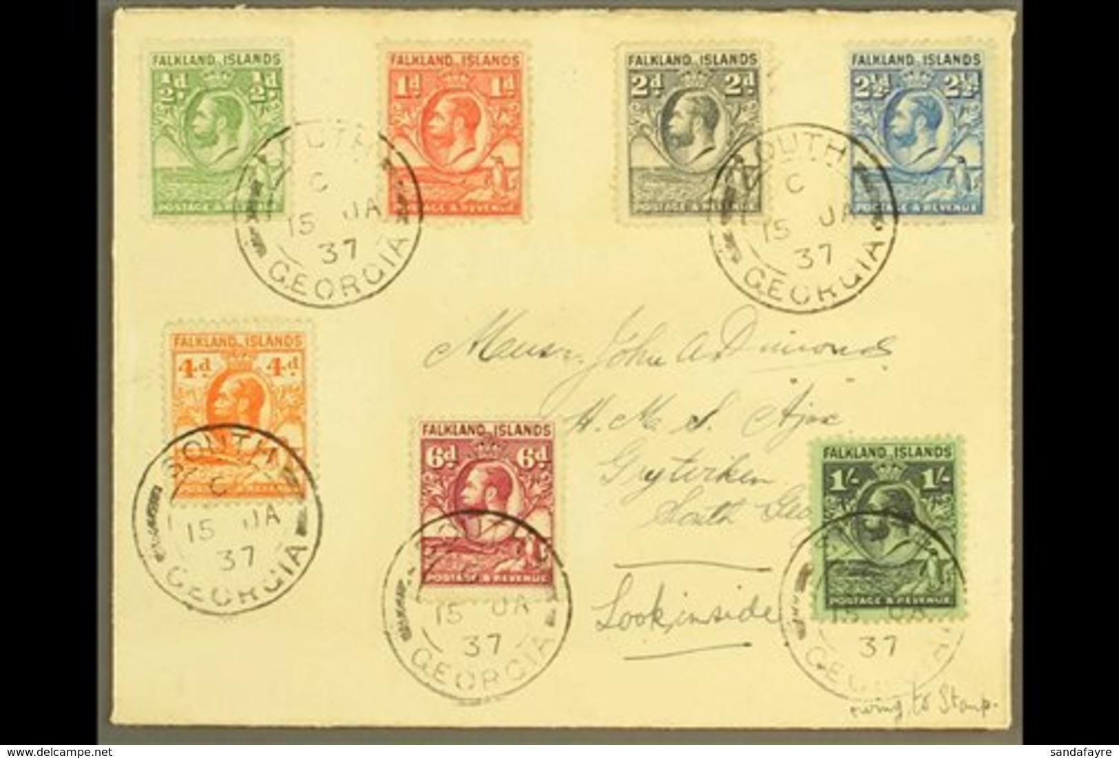 SOUTH GEORGIA  Falkland Is 1929-37 "Whale And Penguins" Set Complete To 1s Tied To Env Addressed To Officer On Board HMS - Falkland Islands