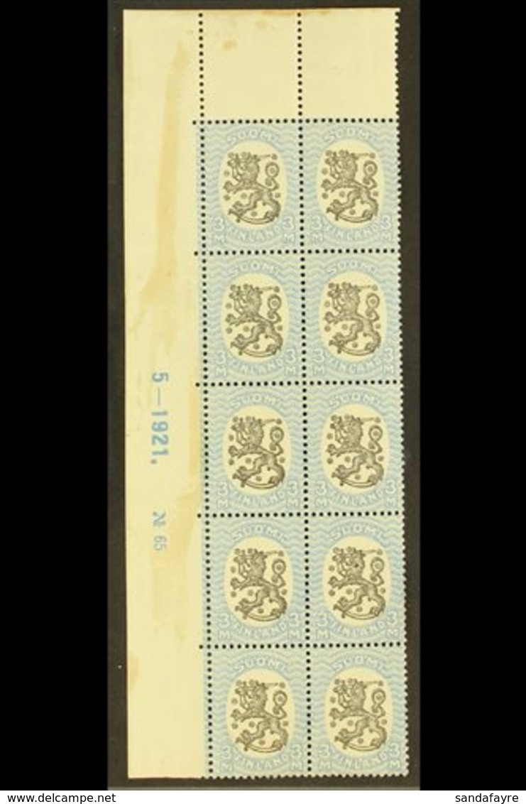 1917-30  3m Black & Pale Blue Lion (SG 210, Facit 106, Michel 91 A), Fine Mint Upper Left Corner PLATE & DATE BLOCK Of 1 - Andere & Zonder Classificatie