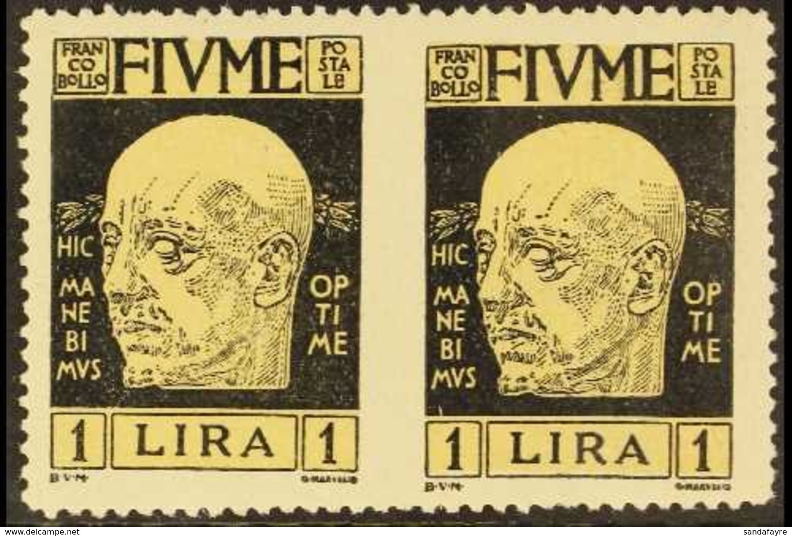 1920 VARIETY  1L Black D'Annunzio Variety "horizontal Pair Imperf Between", Sassone 122q, Very Fine Mint, Fresh & Scarce - Fiume