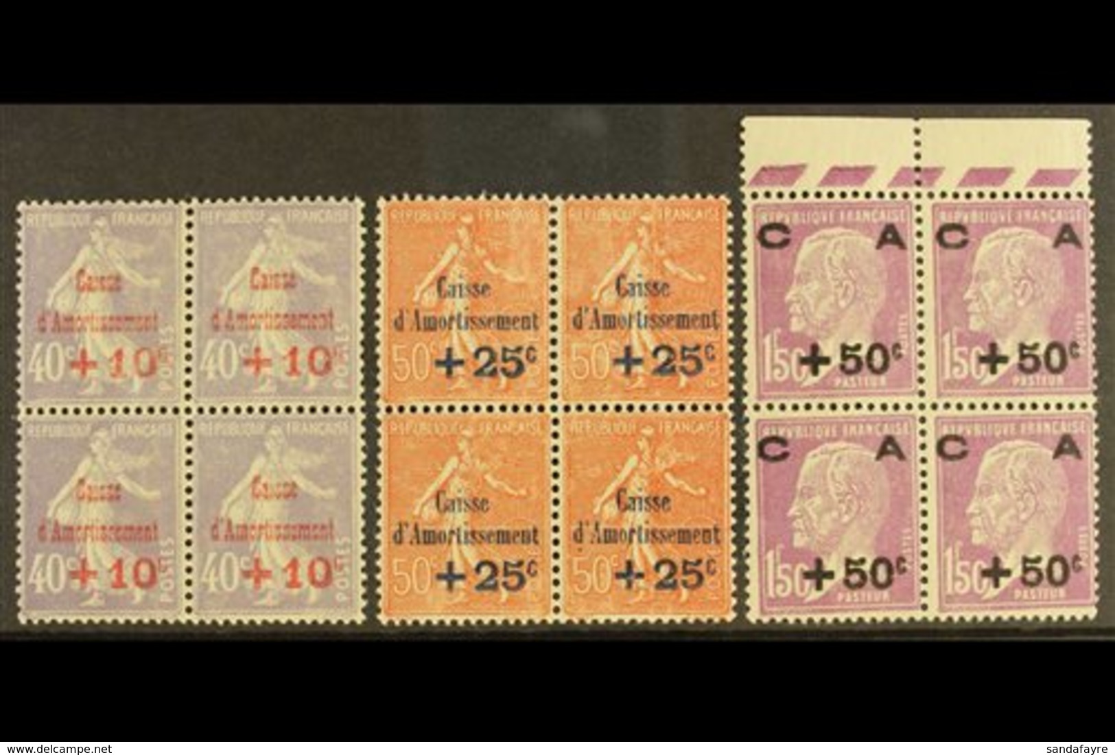 1928  "Caisse D'Amortissement" (Sinking Fund) Set (Yvert 249/51, SG 466/68) In NEVER HINGED MINT BLOCKS OF FOUR. (3 Bloc - Otros & Sin Clasificación