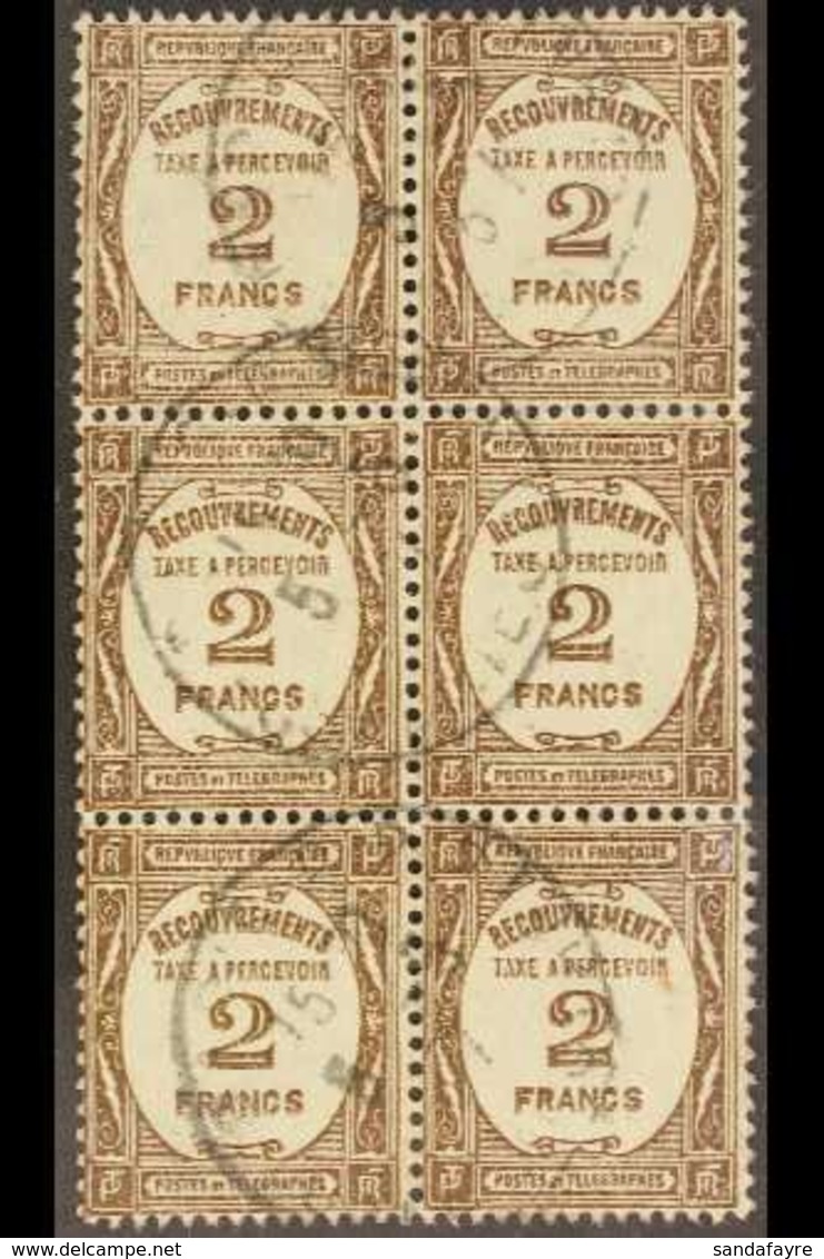 POSTAGE DUES  1927-31 2f Bistre-brown (Yvert 62, SG D461), Fine Cds Used BLOCK Of 6, Fresh & Scarce. (6 Stamps) For More - Altri & Non Classificati