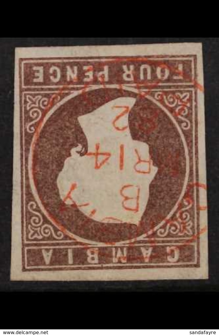 1874 VARIETY.  4d Brown, CC Wmk, Imperf With WATERMARK INVERTED Variety, SG 5w, Superb Used With Four Good To Large Marg - Gambie (...-1964)