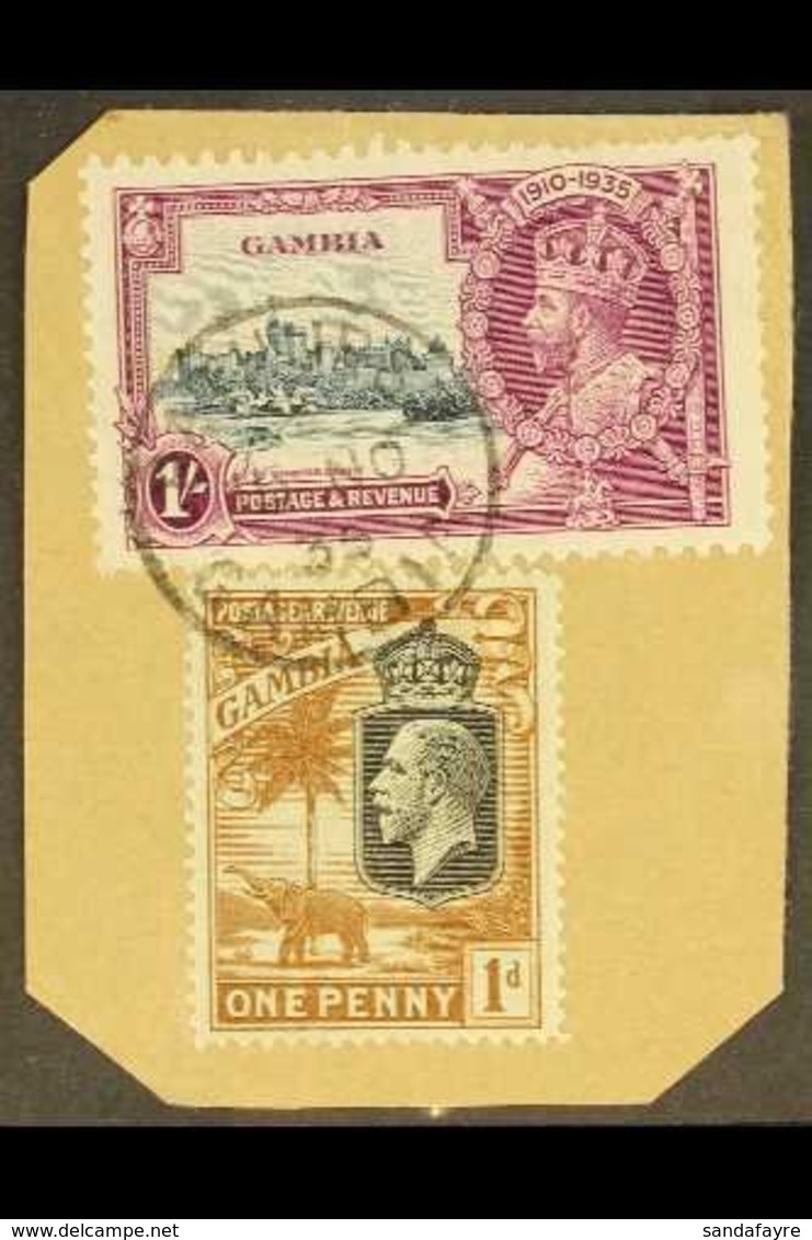 1935  1s Slate And Purple Jubilee, Variety "Lightening Conductor", SG 146c, Superb Used On Piece With 1922 1d. For More  - Gambie (...-1964)