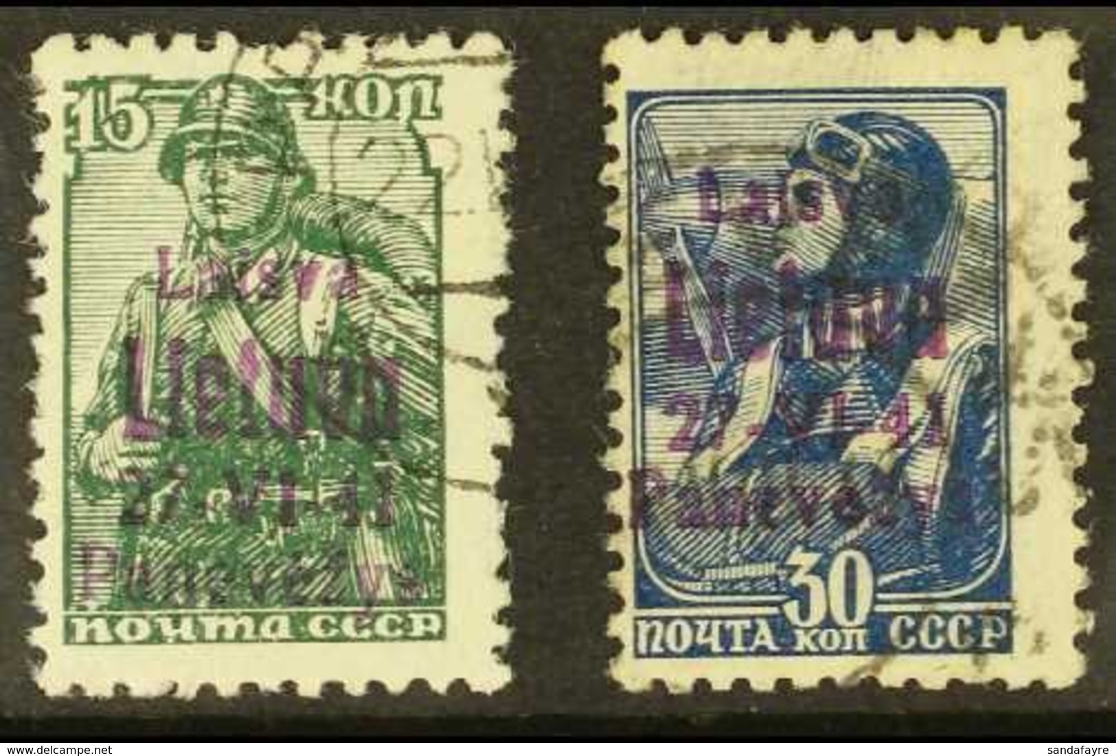 PANEVEZYS (PONEWESCH)  1941 July 15k & 30k Values Overprinted In Blackish Red- Violet, Michel 6c & 8c, Fine Used (2 Stam - Autres & Non Classés