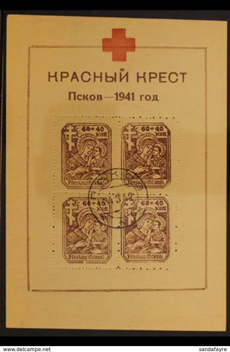 PLESKAU (PSKOV)  1942 Red Cross Miniature Sheet With The Cross Printed In Red On "LIGAT" Watermarked Woody Paper, Michel - Other & Unclassified