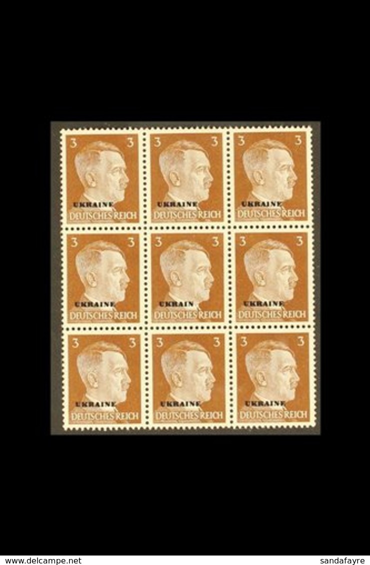 UKRAINE  1941 3pf Red- Brown Block Of Nine, The Central Stamp With "UKRAIN" OVERPRINT ERROR, Michel 2+2 I, Never Hinged  - Andere & Zonder Classificatie