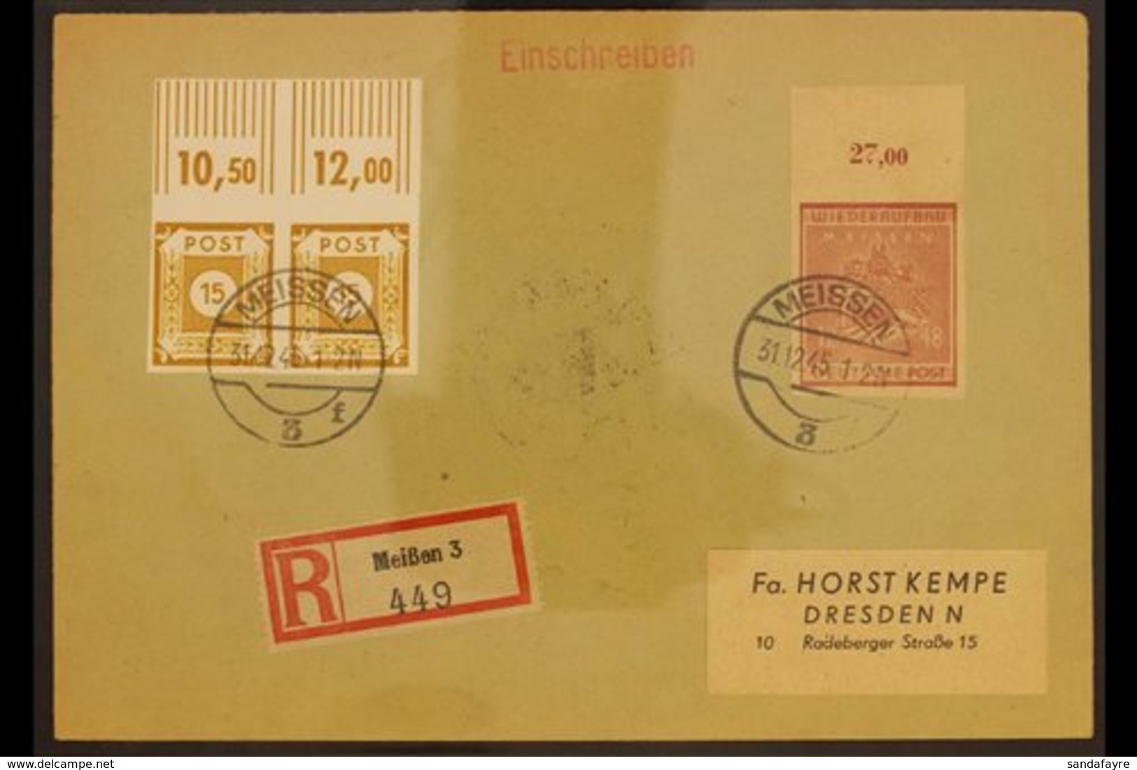 MEISSEN  1945 (31 Dec) Registered Cover Addressed To Dresden, Bearing Meissen 1945 12pf IMPERF Marginal Local Stamp (Mic - Sonstige & Ohne Zuordnung