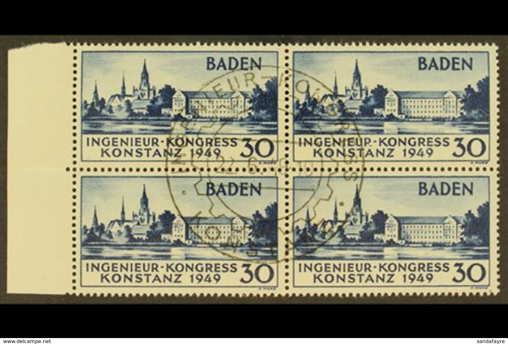 FRENCH ZONE  BADEN 1949 30pf Blue Engineers' Congress (Michel 46 I, FB46), Superb Used Marginal BLOCK Of 4 With Central  - Otros & Sin Clasificación