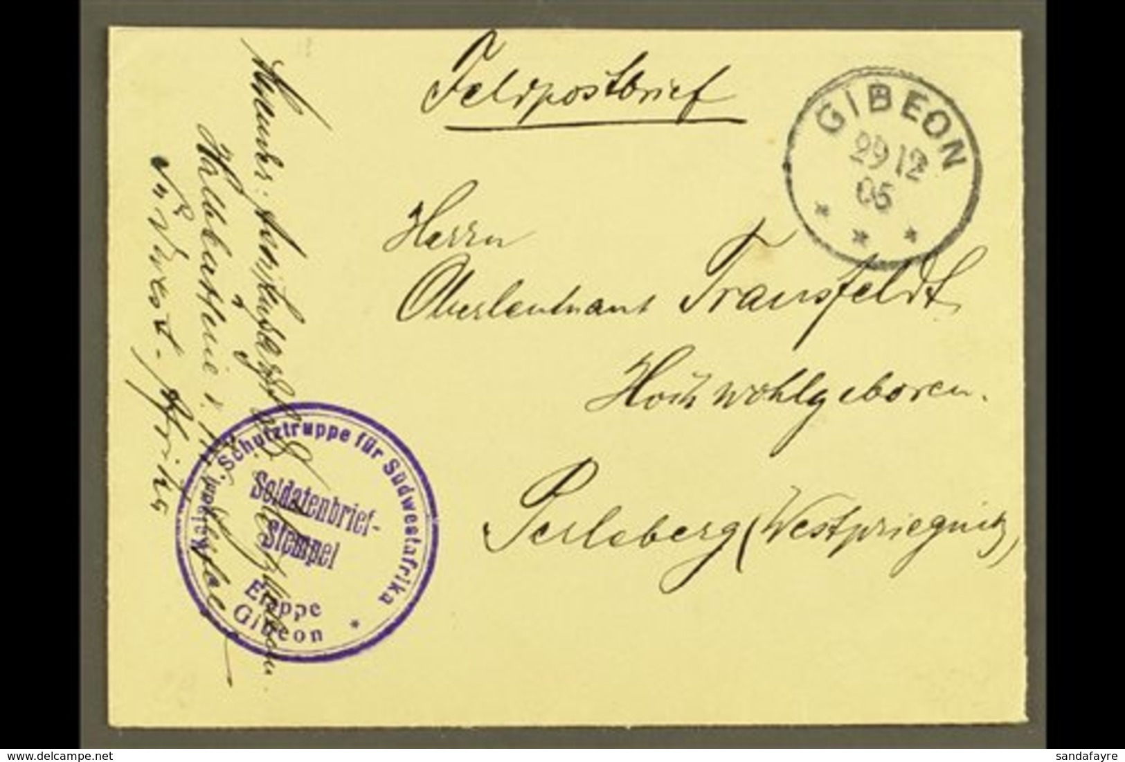 SOUTH WEST AFRICA  1905 (29 Dec) Stampless "Feldpostbrief" Cover To Germany Showing Very Fine "GIBEON" Cds Postmark, Plu - Otros & Sin Clasificación