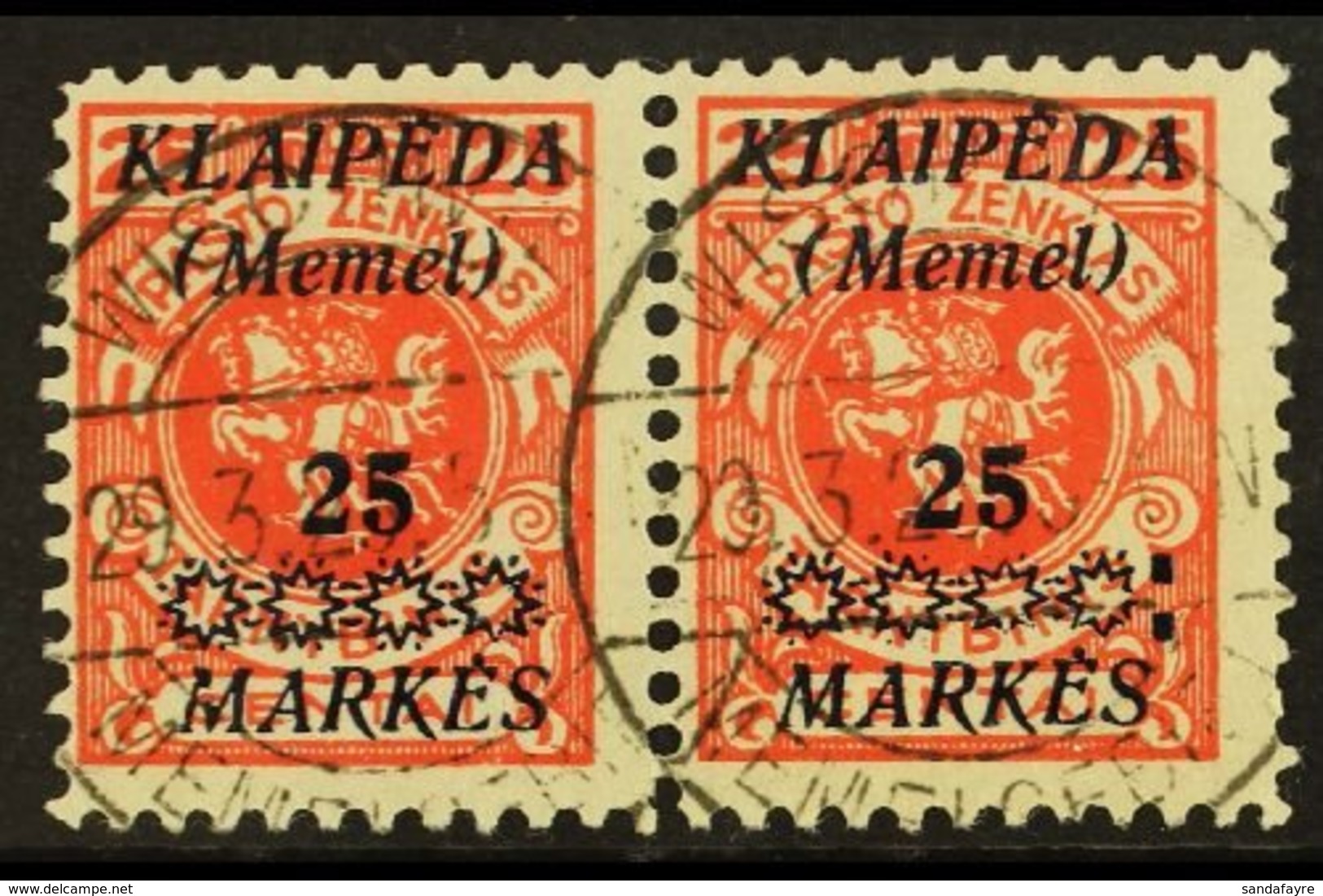 1923  25m On 25c Vermilion Overprint (Michel 137, SG 14), Fine Cds Used Horiz PAIR, The Right Stamp With 'Colon After St - Altri & Non Classificati