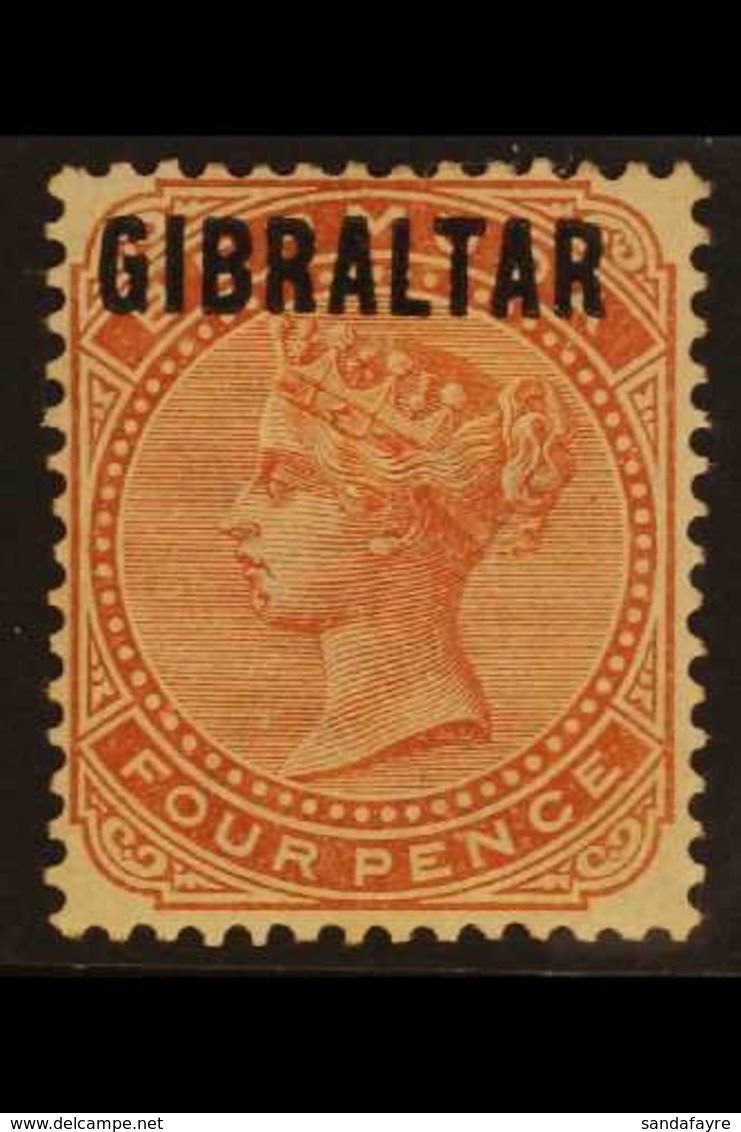 1886  Bermuda Opt'd "GIBRALTAR" 4d Orange-brown, SG 5, Light Gum Bend, Expertized By Schmidt, Fine Mint With Large Part  - Gibilterra