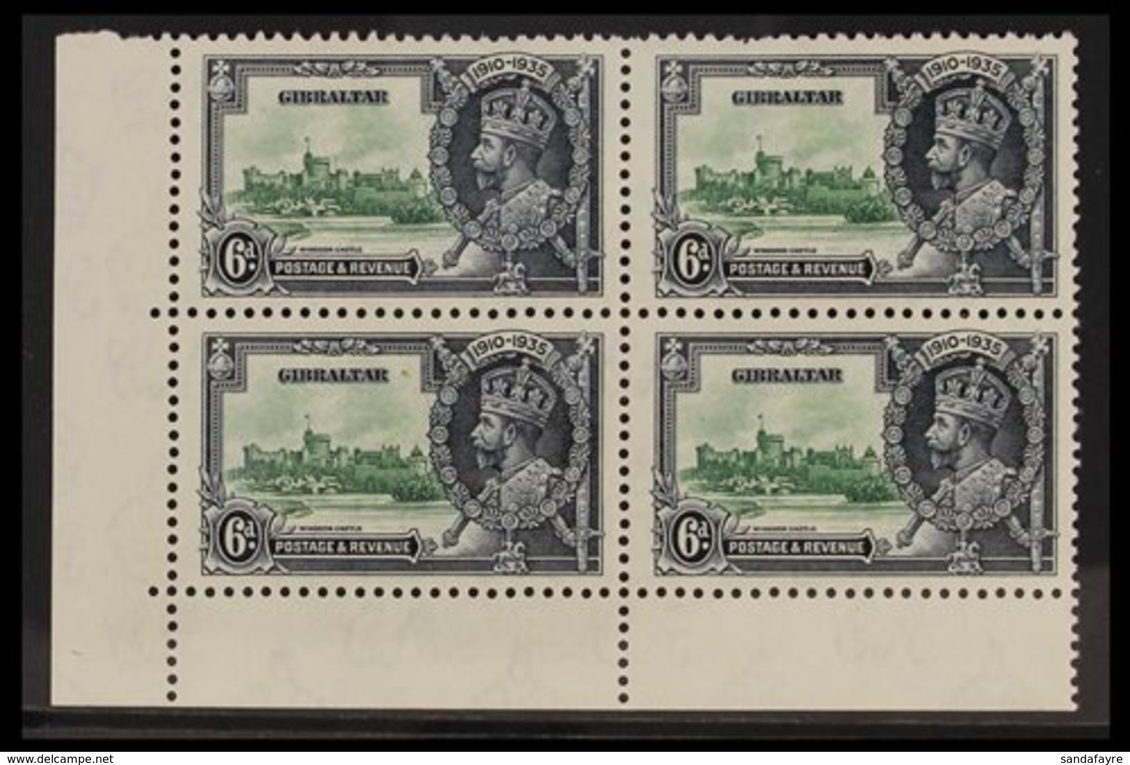 1935 SILVER JUBILEE VARIETY  6d Green & Indigo Corner Block Of 4 Bearing The "EXTRA FLAGSTAFF" Variety, SG 116/116a, Fin - Gibraltar