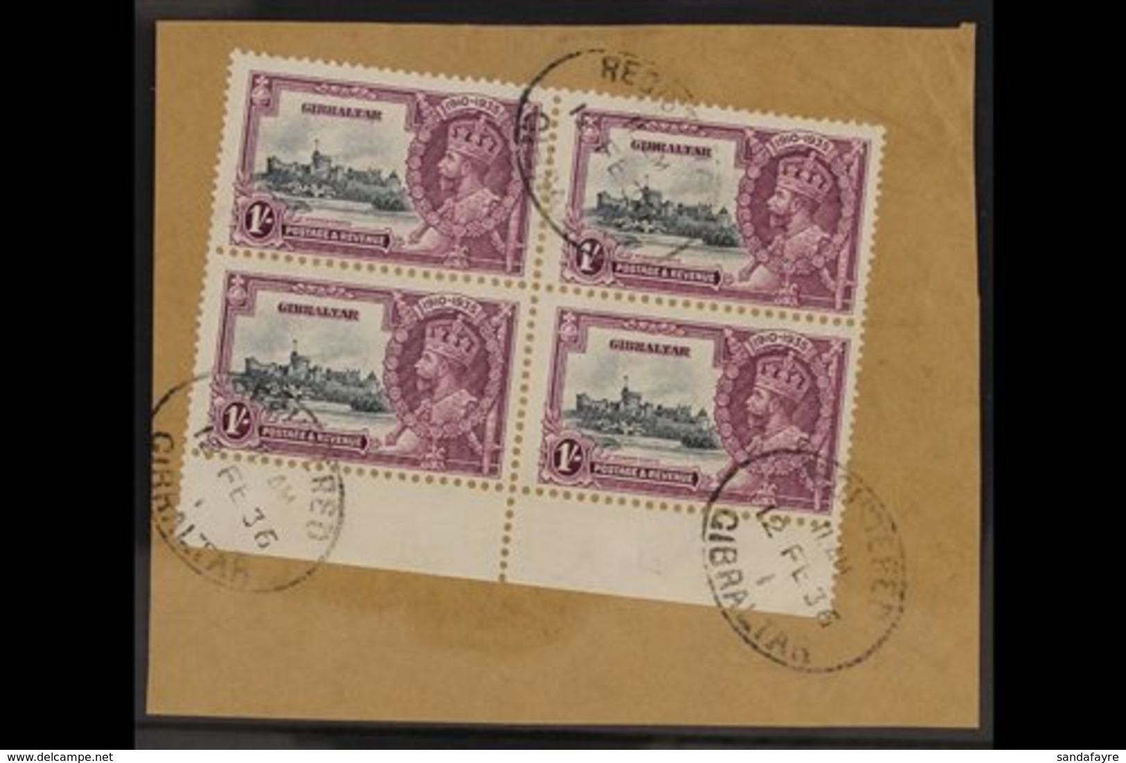 1935 SILVER JUBILEE VARIETY  1s Slate & Purple Marginal Block Of 4 Tied To A Small Piece Bearing The "EXTRA FLAGSTAFF" V - Gibilterra