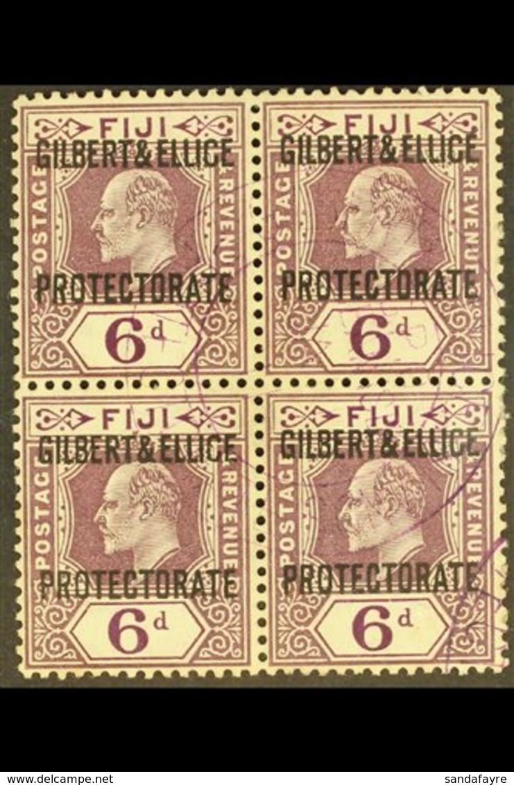 1911  6d Dull And Bright Purple, Overprinted, SG 6, Superb Used Block Of 4 With Violet Protectorate Cancels. For More Im - Islas Gilbert Y Ellice (...-1979)