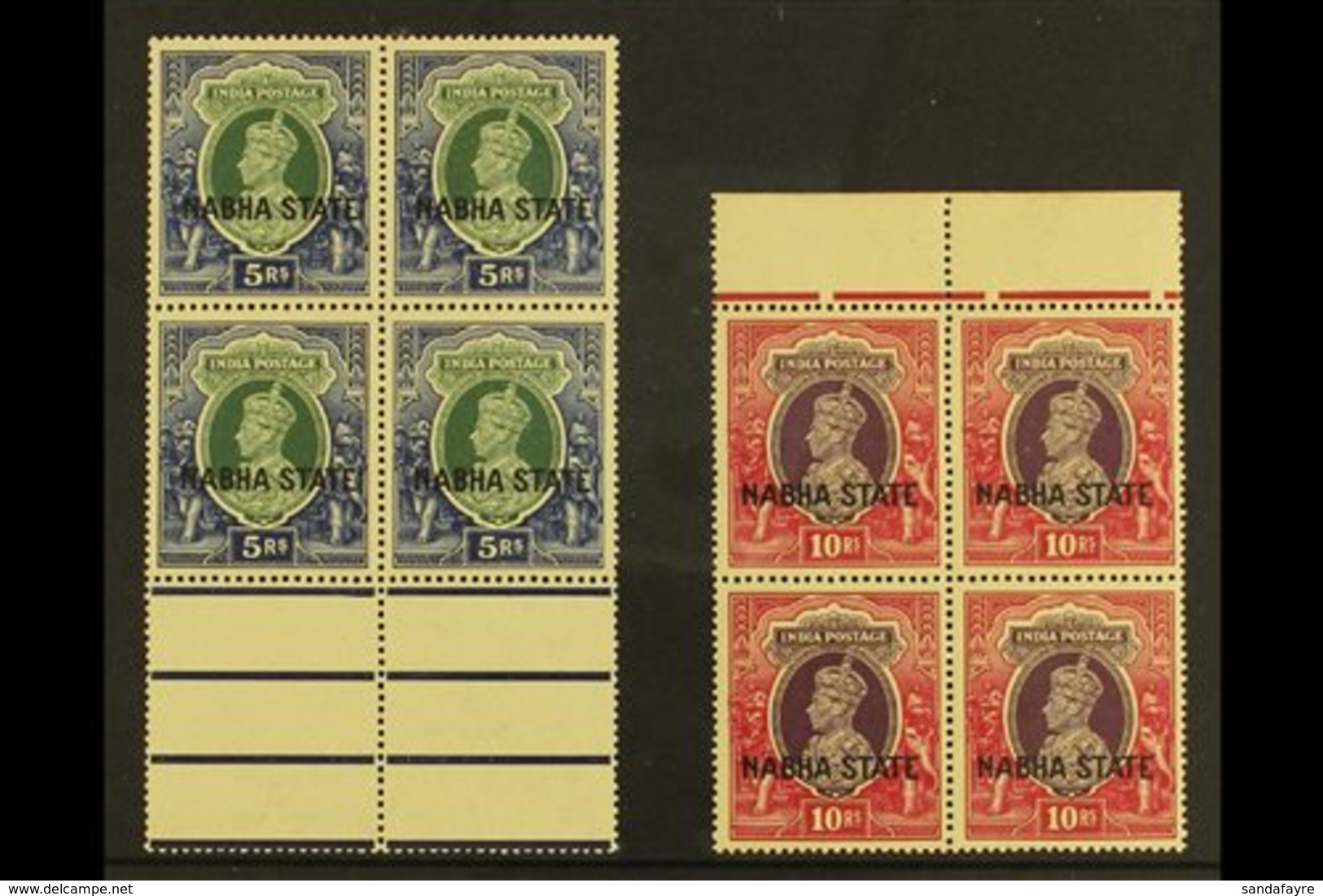NABHA  1938 5r Green & Blue & 10r Purple & Claret Marginal BLOCKS Of 4, SG 91/92, Never Hinged Lightly Toned Mint (2 Blo - Otros & Sin Clasificación