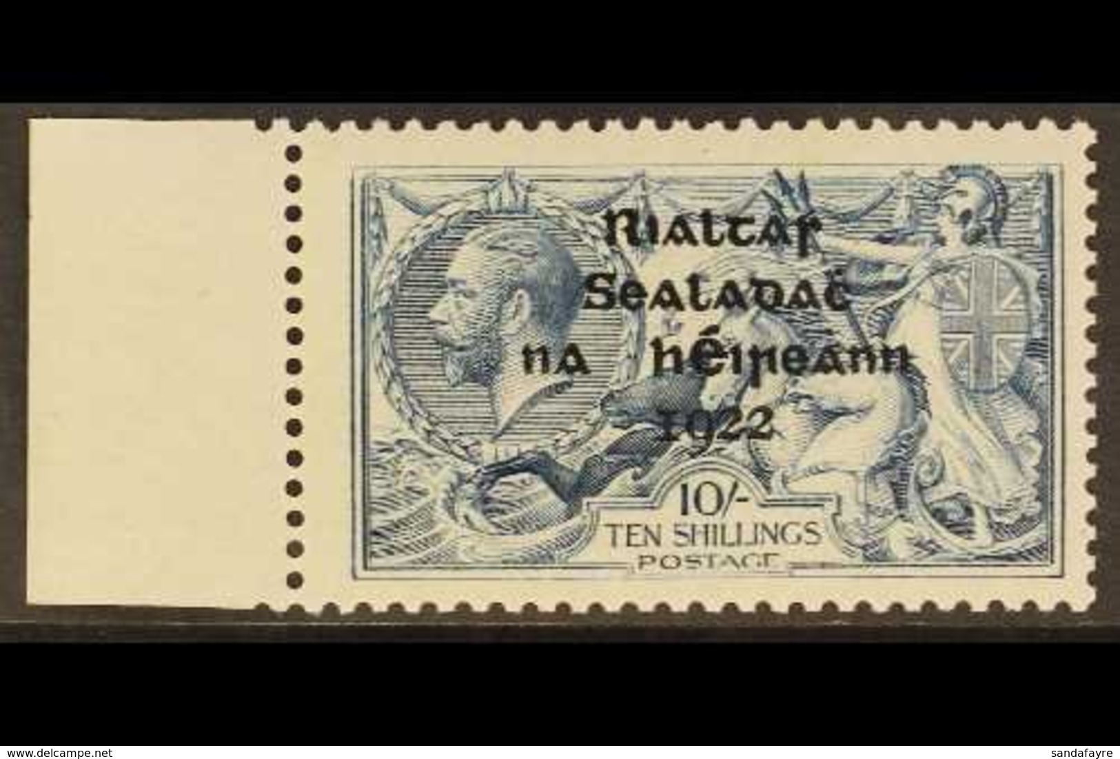 1922 THOM SEAHORSE RARITY  10s Dull Grey Blue Seahorse, Thom Printing, SG 46, Left Marginal Example Showing RETOUCH TO 1 - Autres & Non Classés