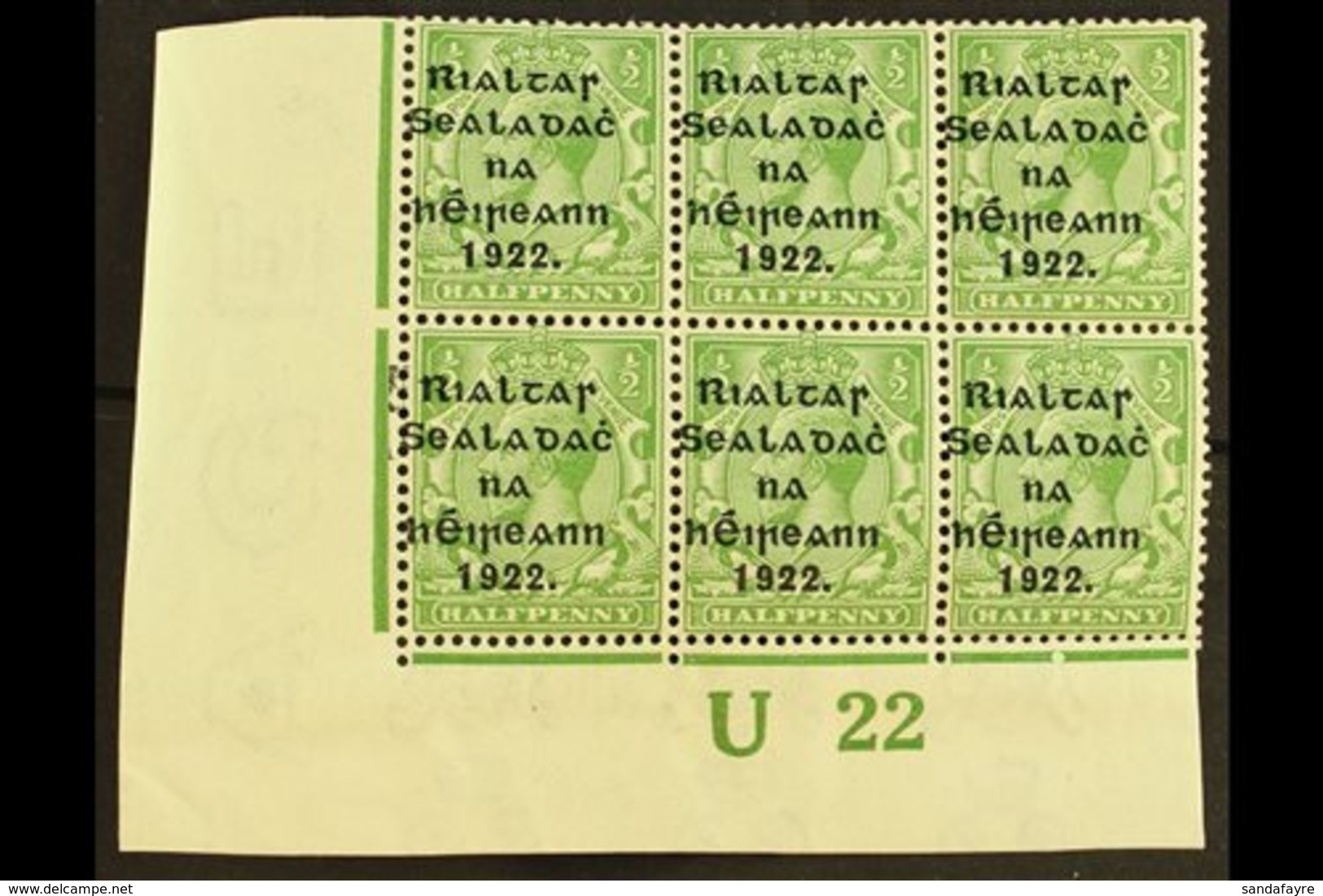 1922  Thom Wide Setting ½d Green, Lower Left Corner "U22" Plate Block Of Six, Showing Guide Blocks To Lower Left Stamp ( - Otros & Sin Clasificación