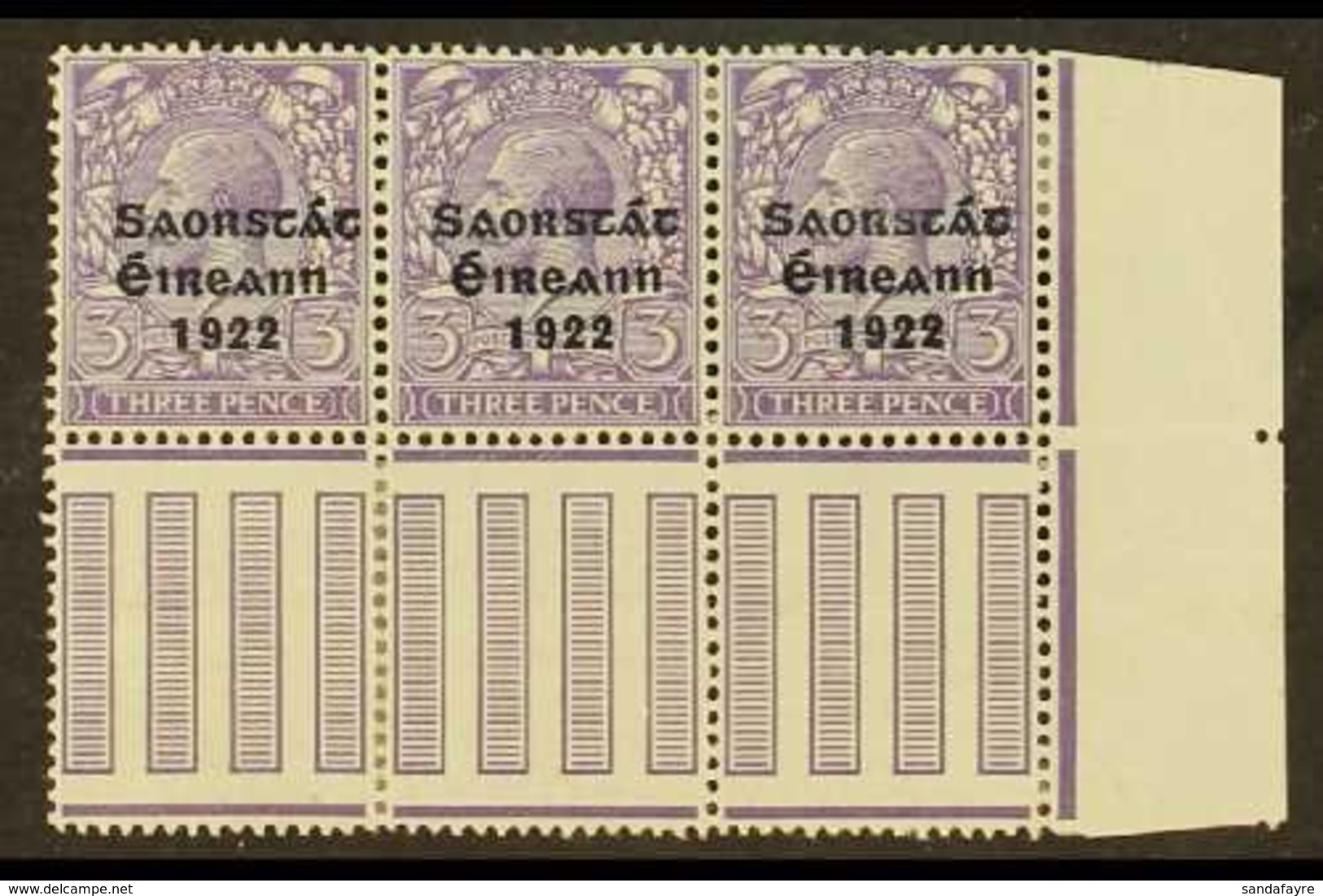 1922-23 VARIETY  3d Bluish Lilac (SG 57) Pane Marginal Corner Strip Of 3, Incorporates "S Over E" Variety, Row 10, Colum - Autres & Non Classés