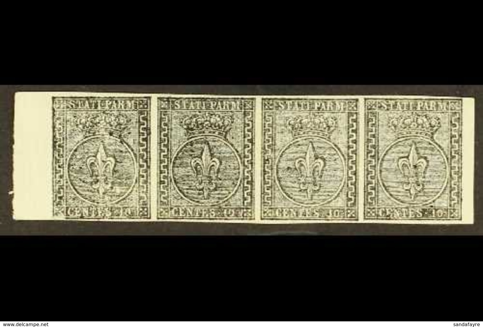 PARMA  1852 10c Black On White, Sass 2, Superb Marginal Mint Strip Of 4, First Stamp Showing Defective Cliche At Foot. F - Ohne Zuordnung