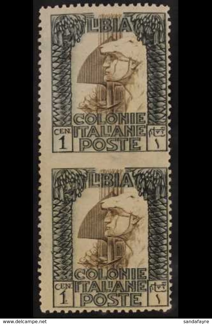LIBYA  1921 1c Black And Brown, "Pittorica", Vertical Pair, Variety "imperf Between", Sass 21l, Very Fine Never Hinged M - Other & Unclassified