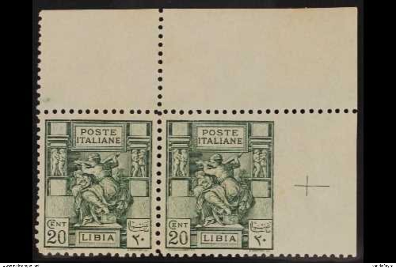 LIBYA  1926 20c Green, Sibyl, Corner Horizontal Pair, Variety "imperf At Right", Sass 54e, Very Fine Never Hinged Mint.  - Autres & Non Classés