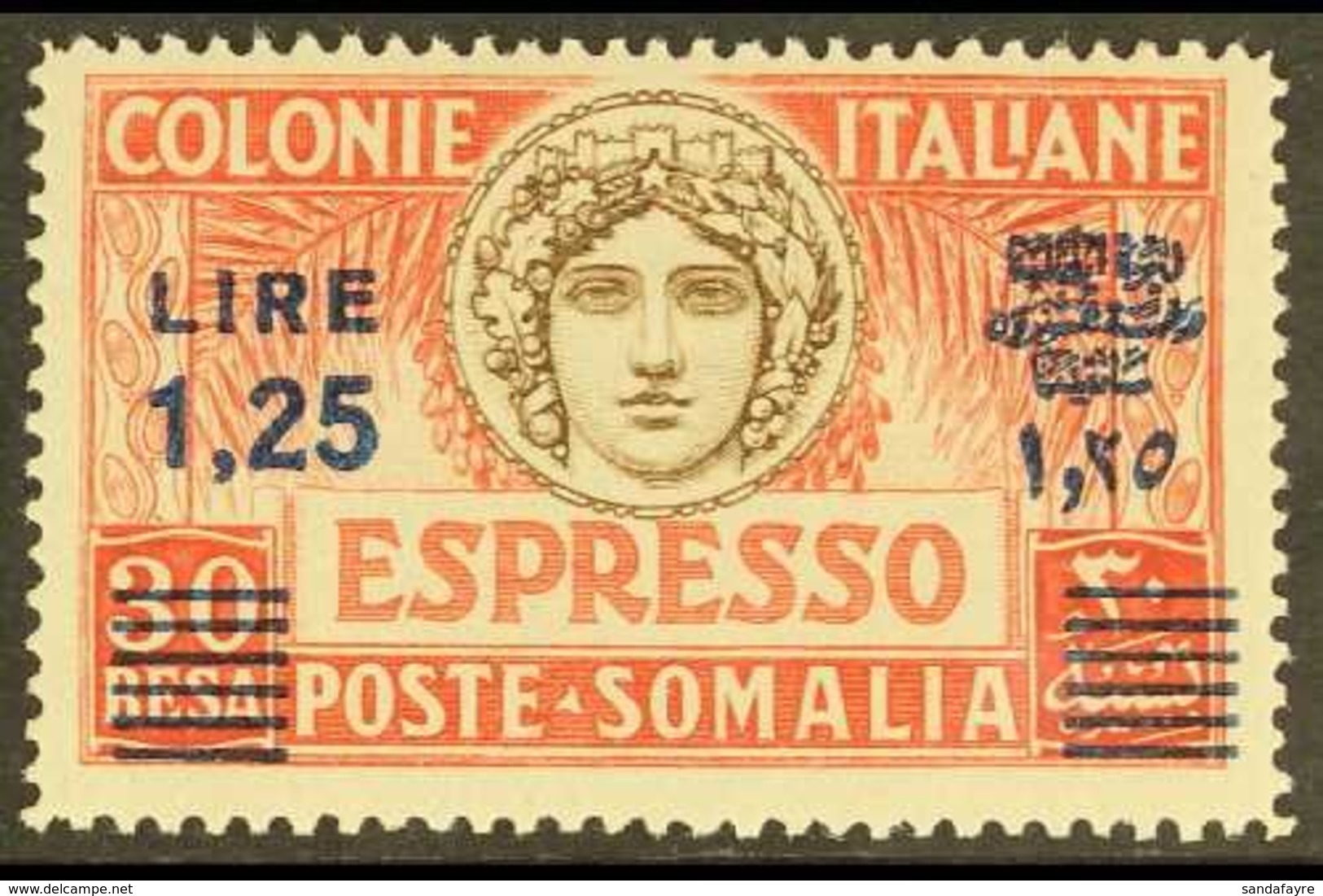 SOMALIA  EXPRESS 1940 1.25L On 30b Sepia & Red Surcharge Perf 14 (Sassone 8, SG E106a), Never Hinged Mint, Very Fresh &  - Autres & Non Classés