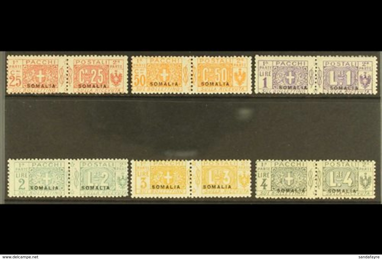 SOMALIA  PARCEL POST 1923 "SOMALIA" Overprints Complete Set (Sassone 15/20, SG P32/37), Fine Mint Horizontal Pairs, 50c, - Andere & Zonder Classificatie