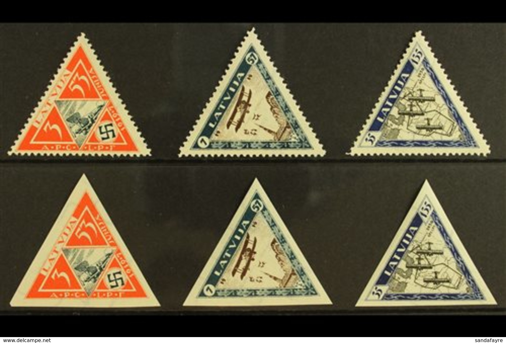 1933  Wounded Airmen Triangular Perforated & Imperforate Sets, Mi 225A/227A & 225B/227B, SG 240A/42A & 240B/42B, Fine Mi - Lettland