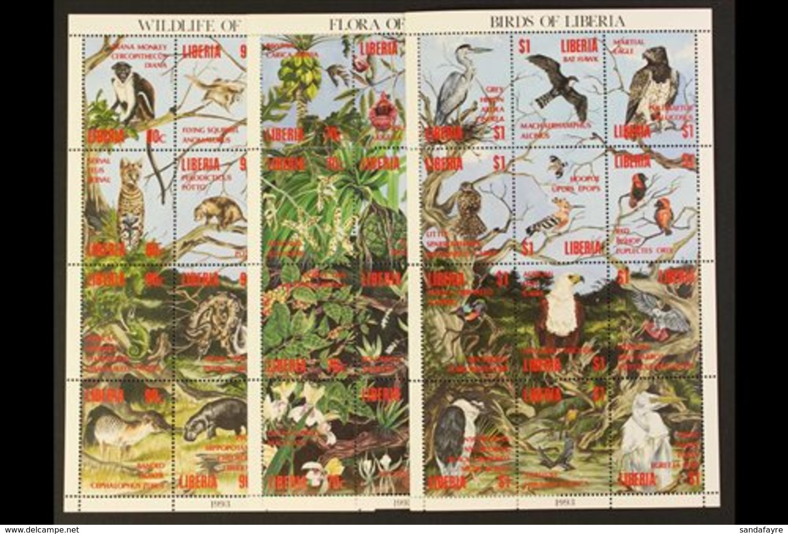 1993-94  Flora & Fauna (Wildlife/Flora/Birds) Sheetlet Set, Scott 1159/61, Never Hinged Mint ( 3 Se-tenant Sheetlets Of  - Liberia