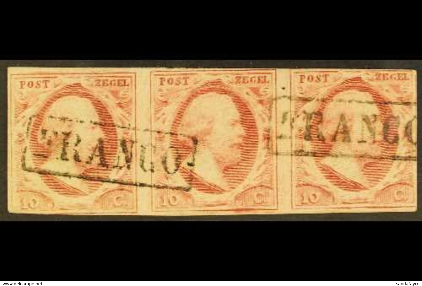 1852  10c Carmine, Imperf Horizontal STRIP OF THREE, Mi 2, SG 2, NVPH 2, Fine Used, Cancelled By Boxed "Franco" Postmark - Autres & Non Classés