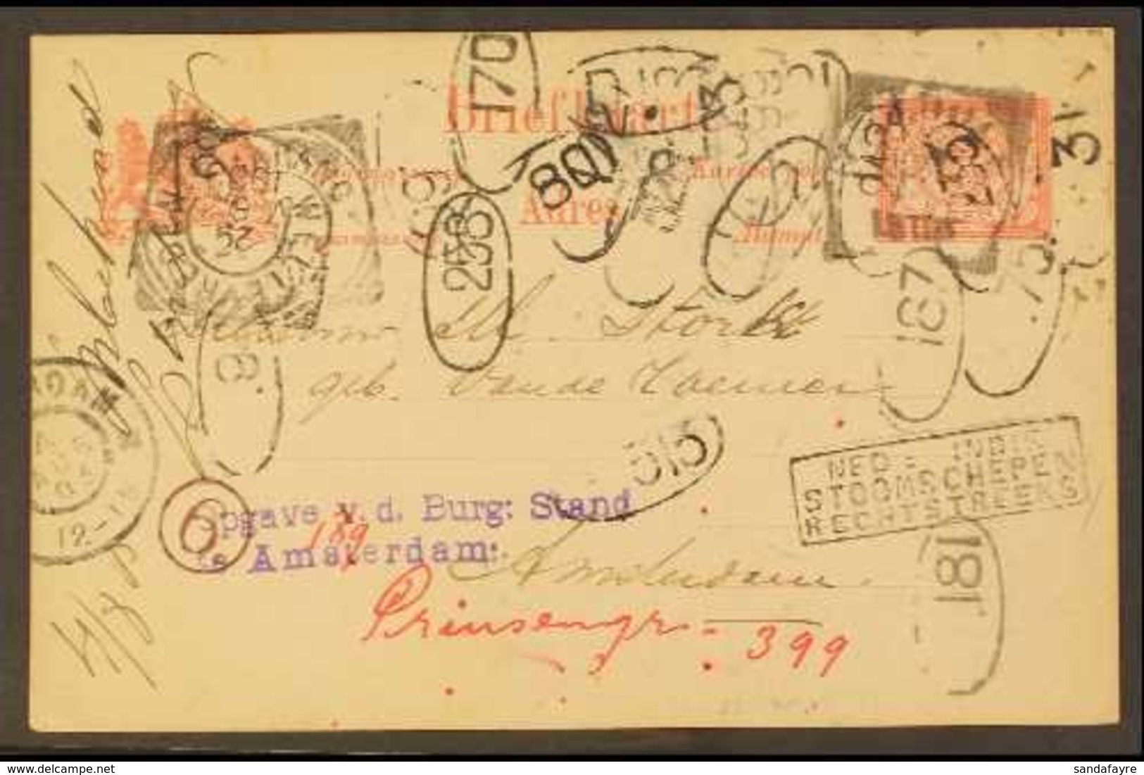 NETHERLANDS INDIES  1903 5c Postal Stationery Card Addressed To Amsterdam, Much Redirected And Showing About TWENTY FIVE - Altri & Non Classificati