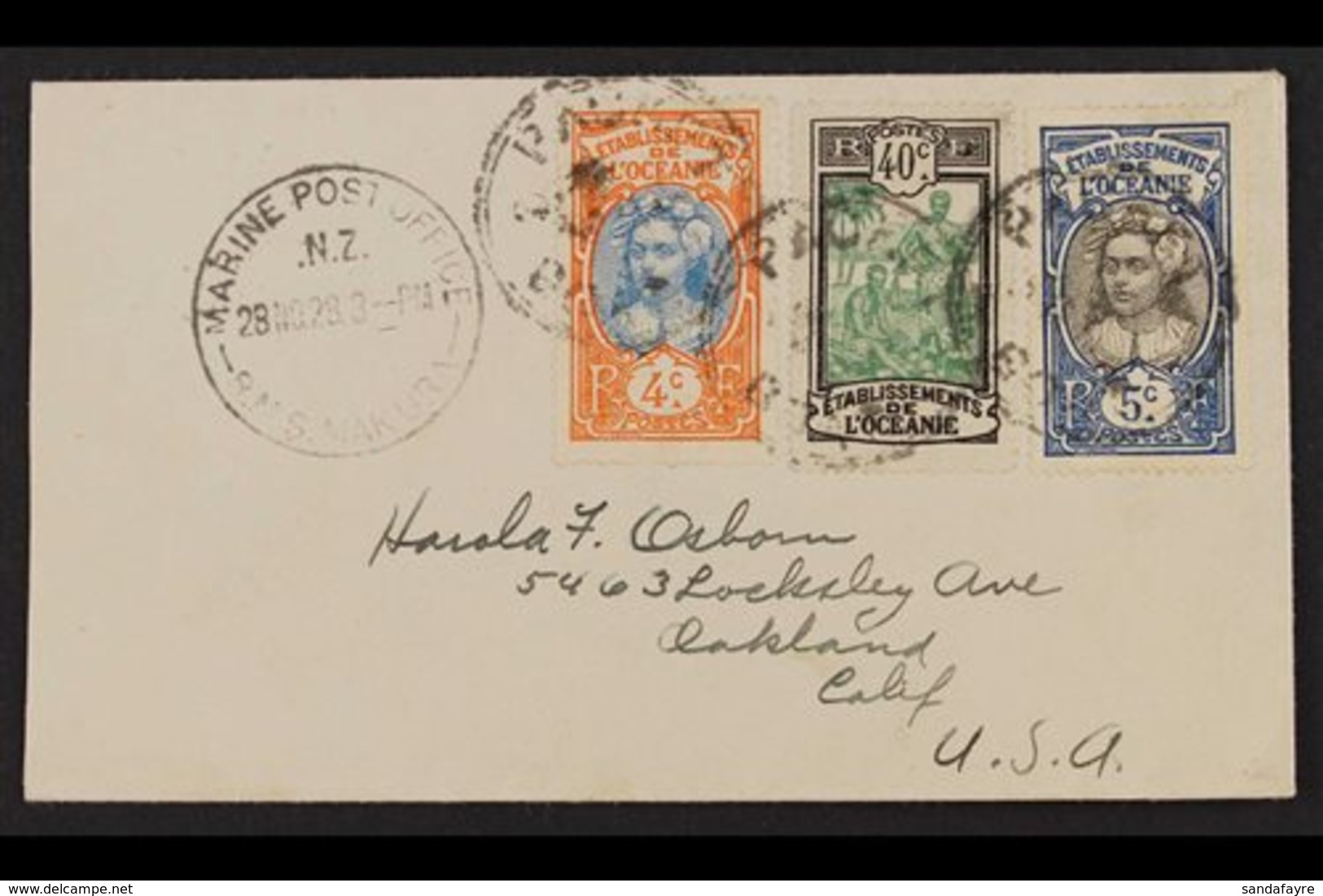 1928  Envelope To USA, Bearing French Oceanie 4c, 5c And 40c Tied By Double Ring Circular "PACKET BOAT", And With Marine - Sonstige & Ohne Zuordnung