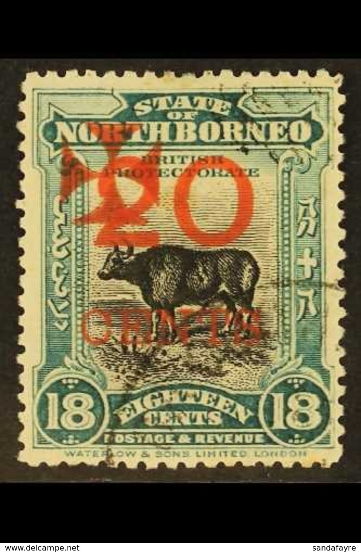 1916  20c On 18c Blue-green Red Cross Overprint In Carmine, SG 211, Fine Cds Used, Fresh. For More Images, Please Visit  - Borneo Septentrional (...-1963)